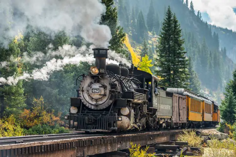 Restored steam train of Durango & Silverton RR. Integral in the History of Travel and Tourism
